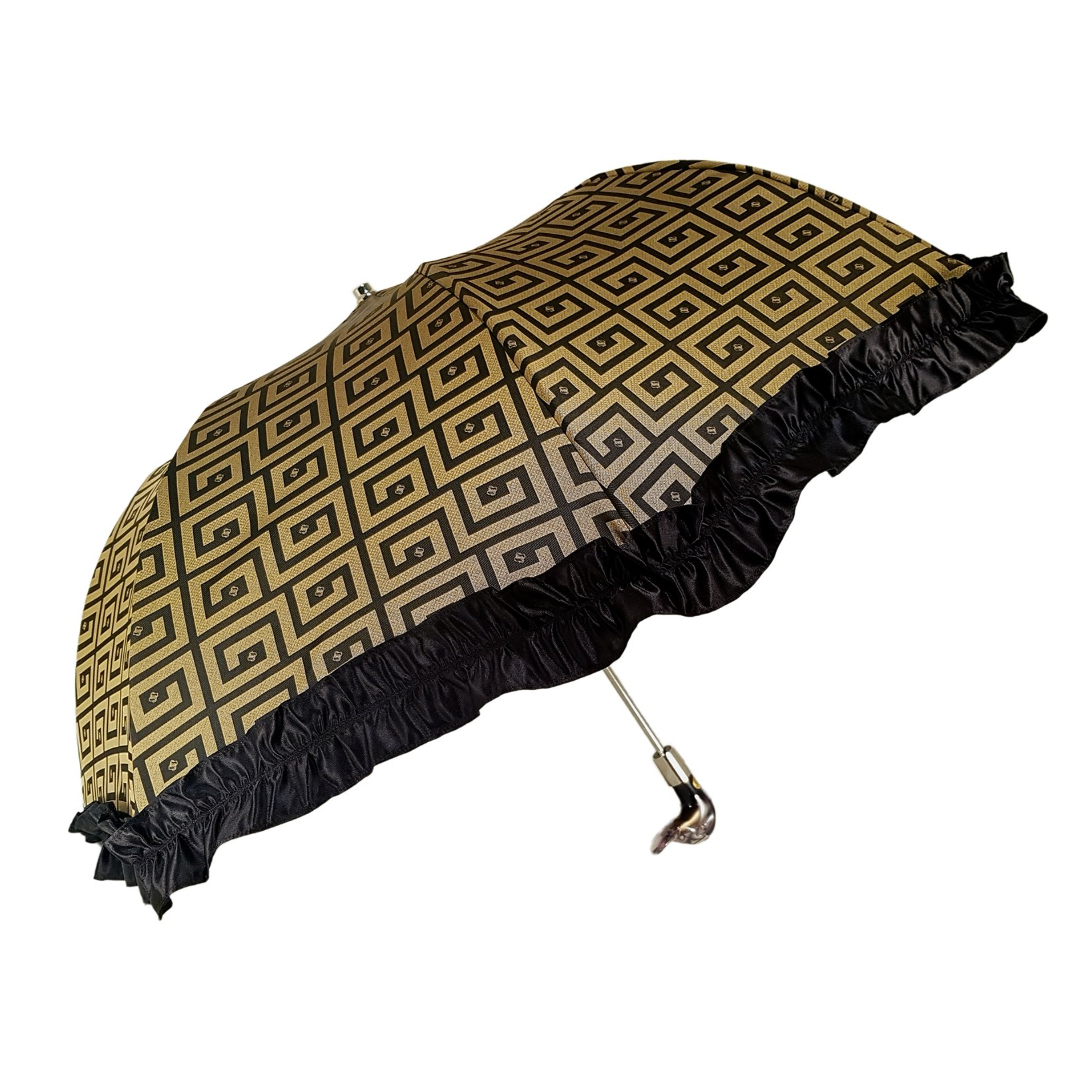 Automatic women's folding umbrella with black ruffle and Greek design, featuring compact, stylish protection from rain.