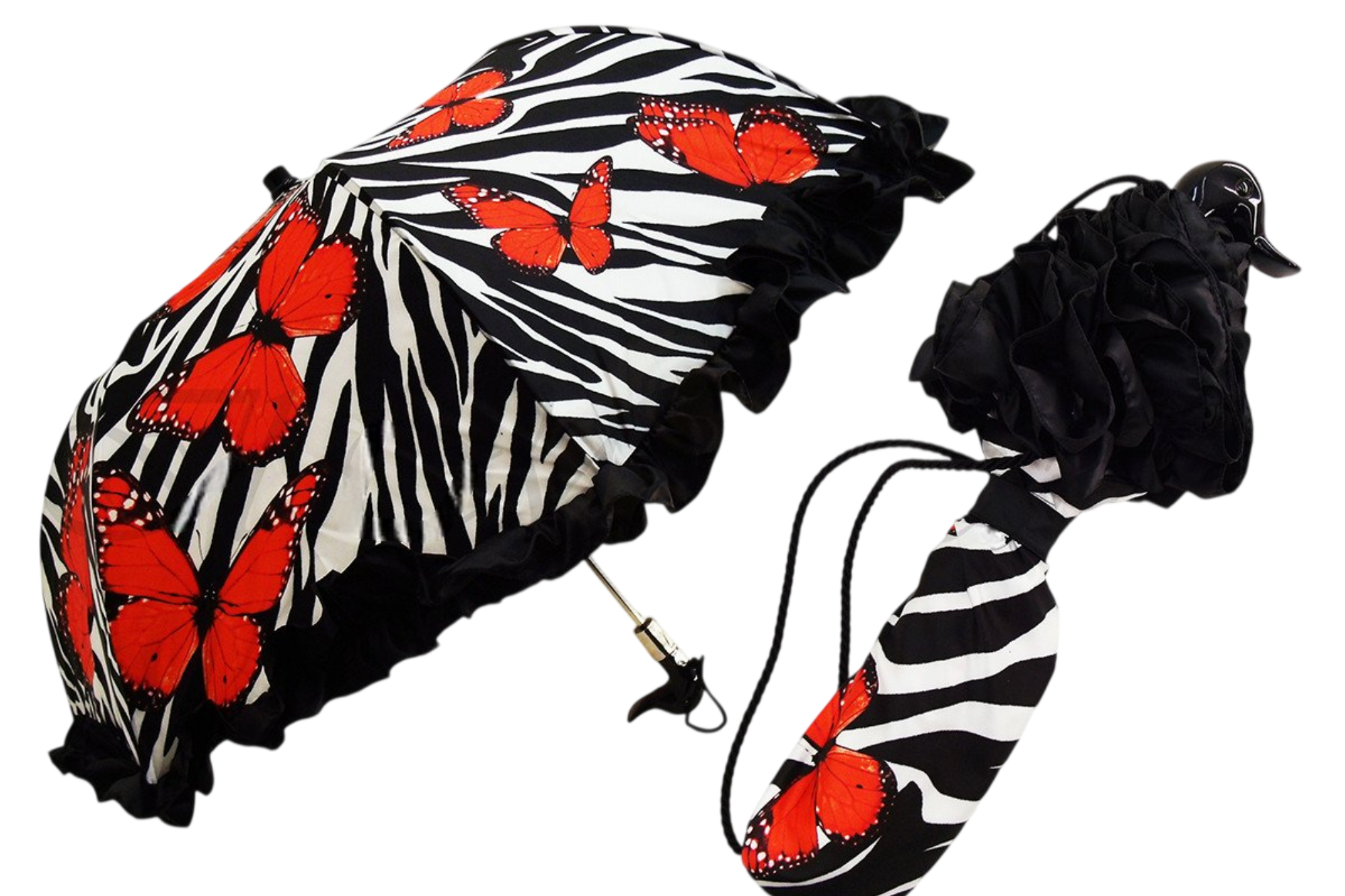 Designer Red Butterfly Women’s Folding Umbrella with Black Handle