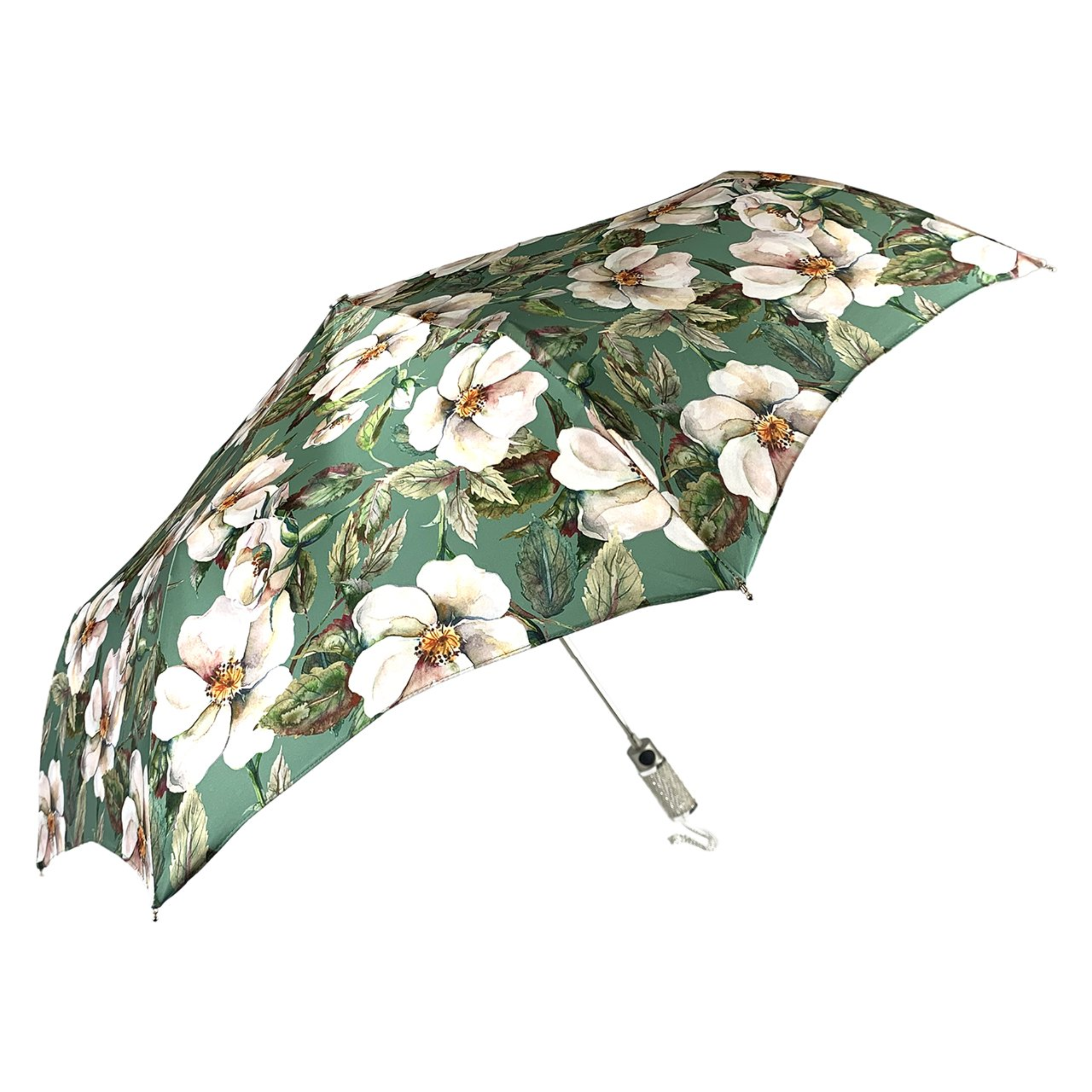 Exclusive Floral Women’s Silver-Plated Jeweled Handle Folding Umbrella