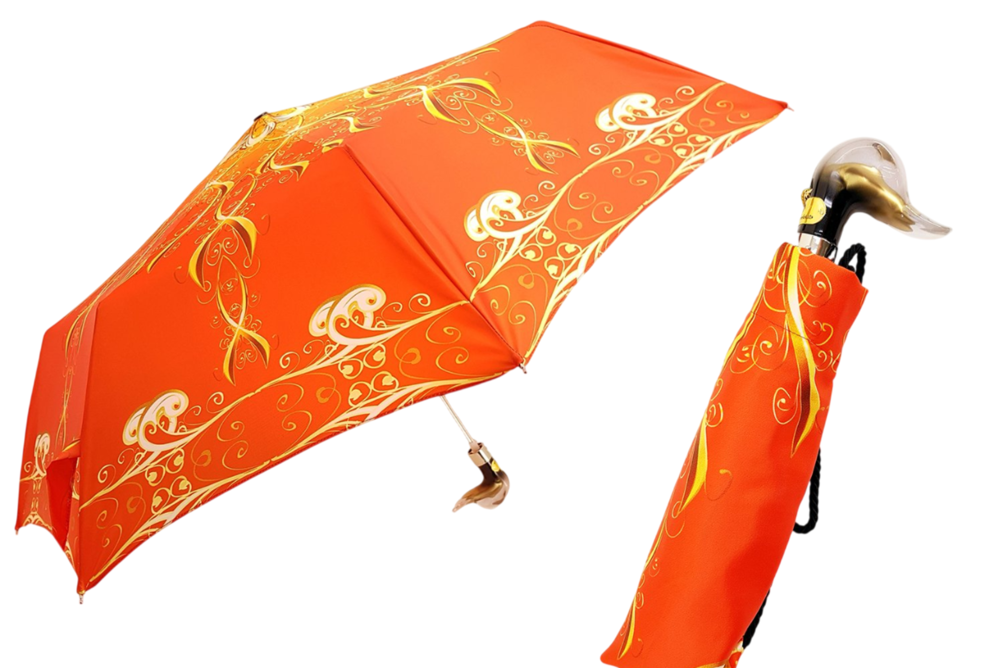 Orange Women’s Folding Umbrella with Gold Transparent Duck Handle