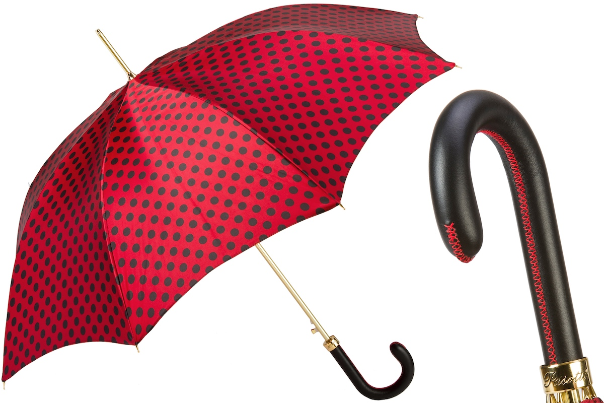 Automatic Leather Umbrella – Red & Black Polka Dot, Handmade Italian Rain Shield