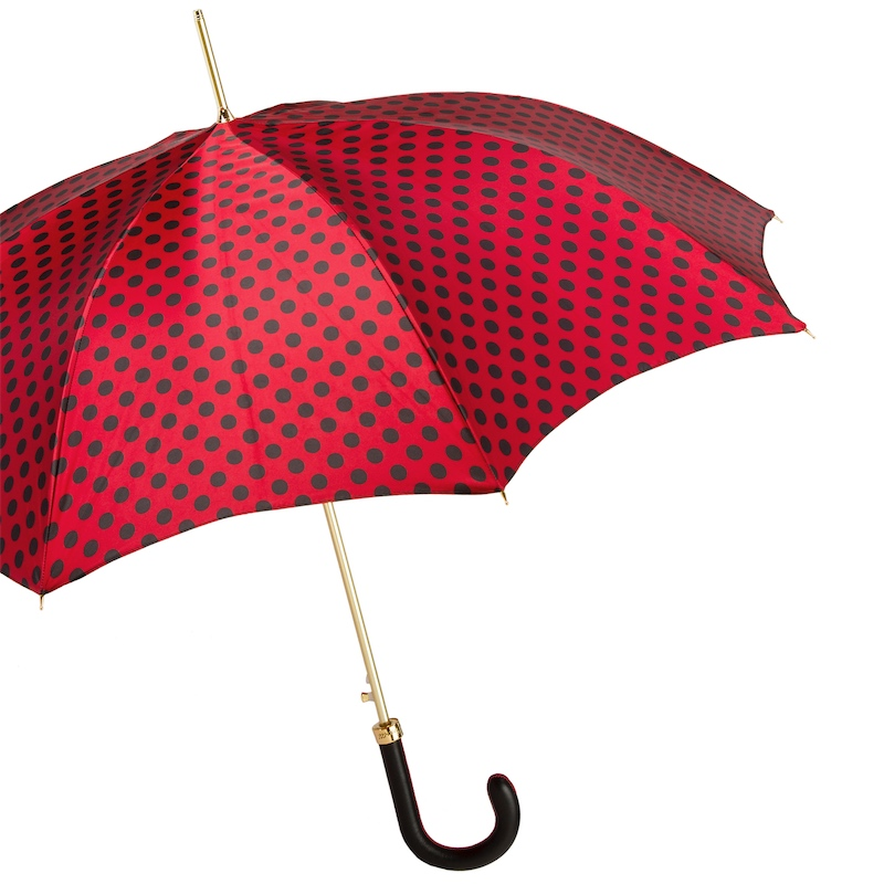Automatic Leather Umbrella – Red & Black Polka Dot, Handmade Italian Rain Shield