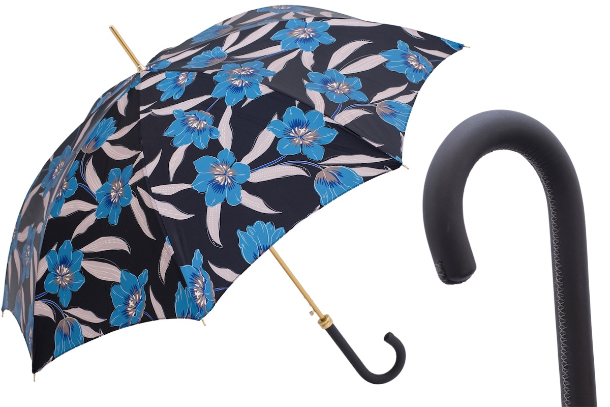 Blue flower-patterned automatic rain umbrella by Pasotti with leather handle, Italian handcrafted rain gear.