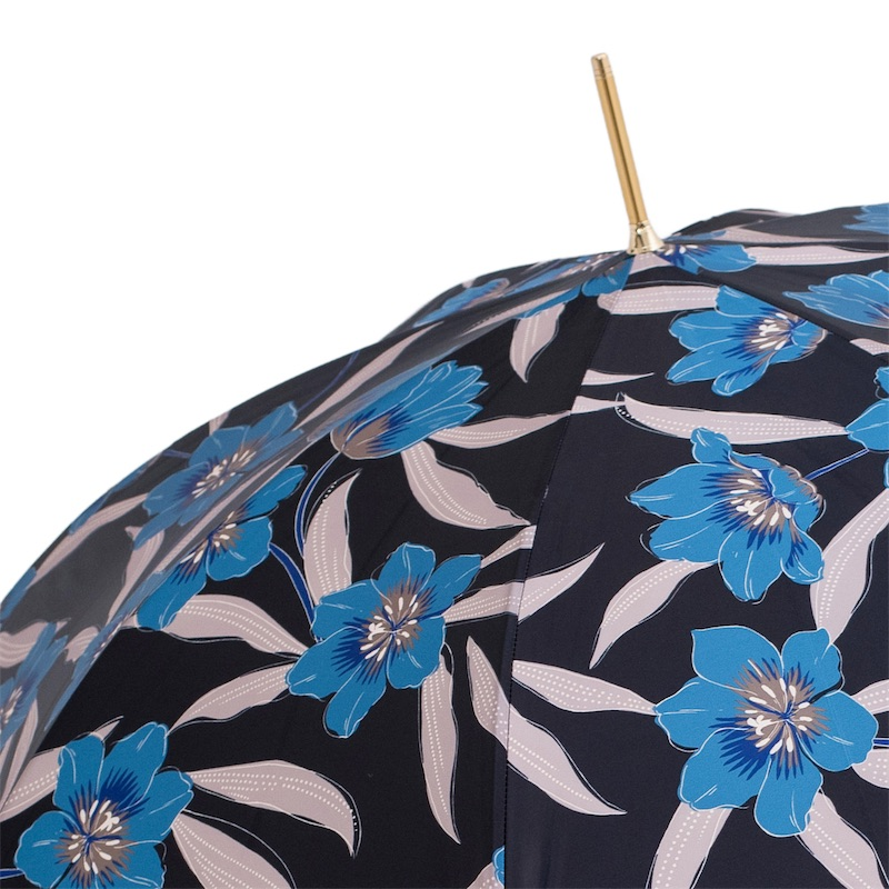 Pasotti automatic blue flower rain umbrella with leather handle, Italian handmade rain gear, stylish and durable waterproof umbrella.