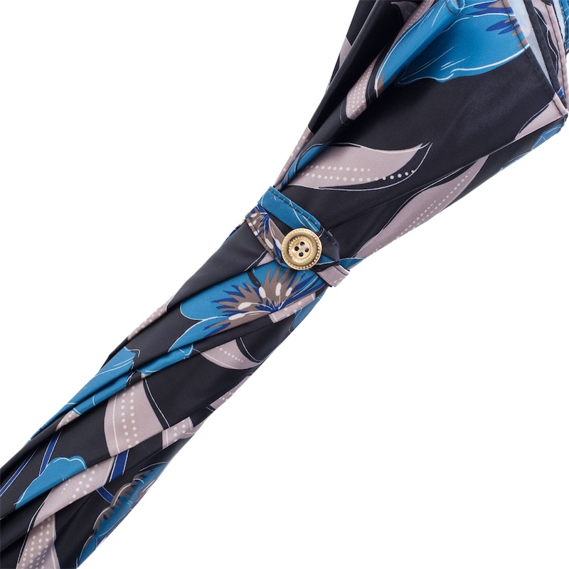 Blue flower design automatic rain umbrella by Pasotti with leather handle, Italian handmade rain gear.