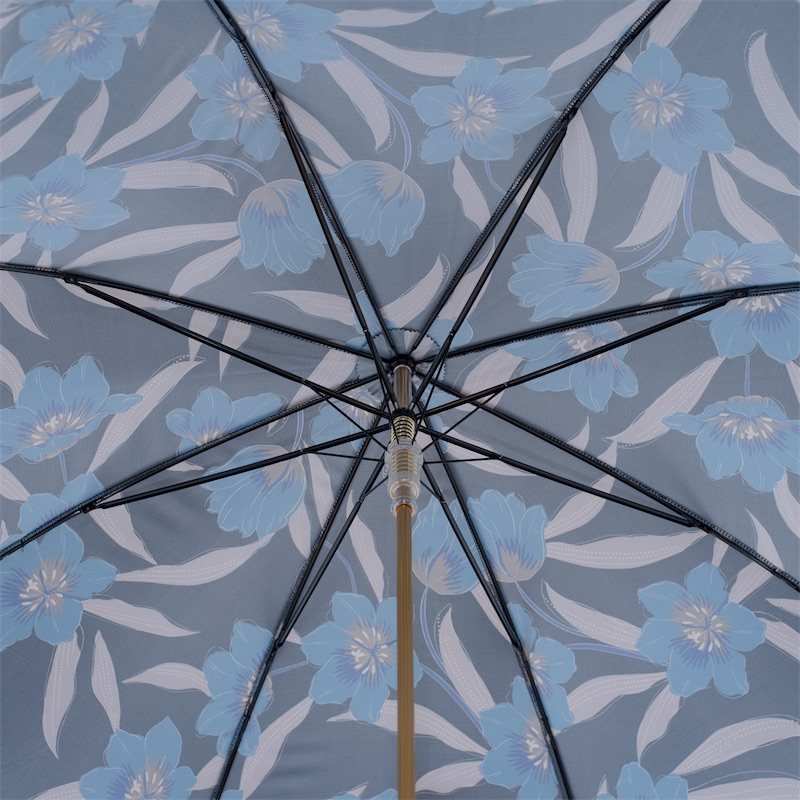 Blue flower-patterned Pasotti automatic rain umbrella with leather handle, Italian handmade rain gear, stylish and durable.