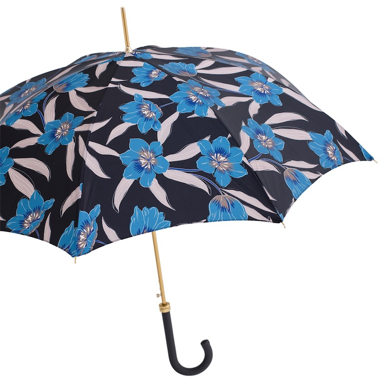 Blue flower design automatic rain umbrella with leather handle, handmade Italian rain gear by Pasotti.