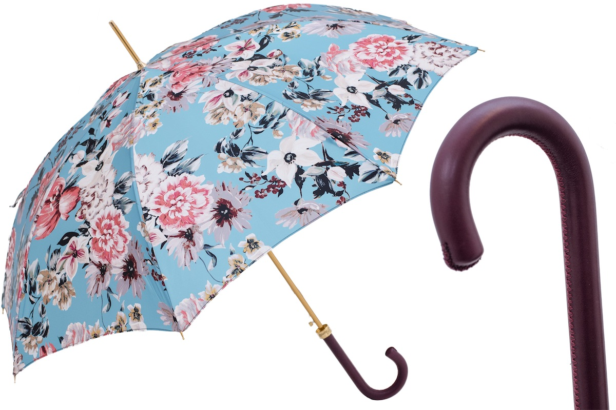 Flowered Umbrella – Handmade Italian Rain Umbrella with Burgundy Leather Handle