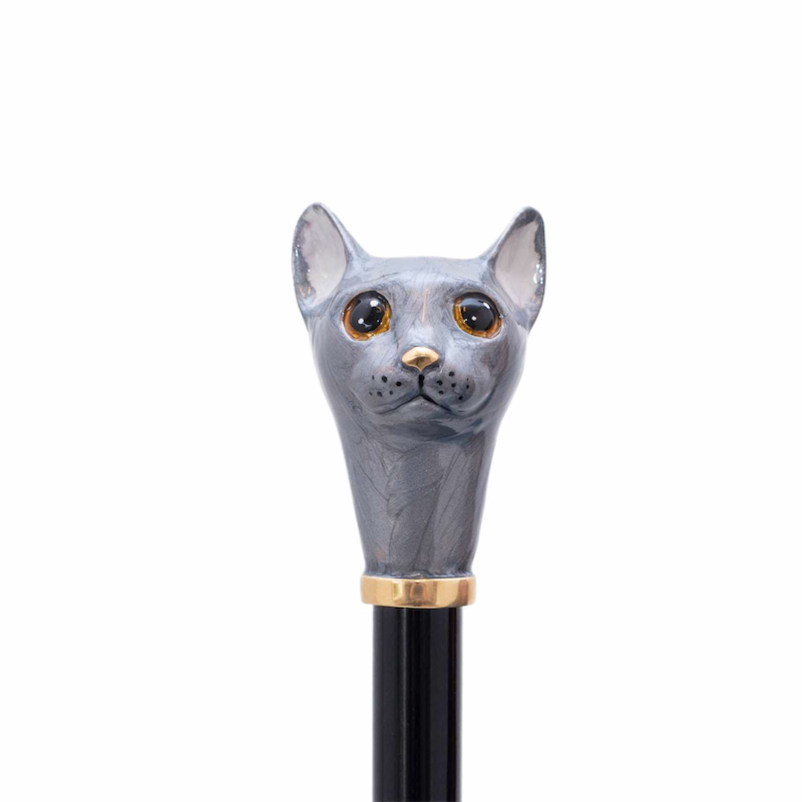 Grey Cat Umbrella – Handmade Italian Rain Umbrella with Enameled Brass Handle
