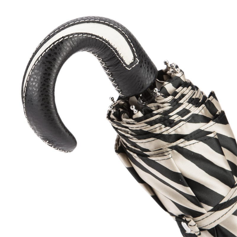 Folding Zebra Umbrella – Handmade Italian Leather Handle, Compact Travel Rain Protection