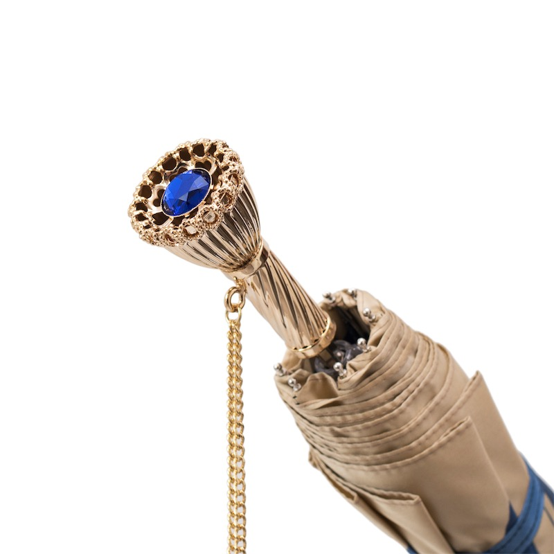 Luxury Folding Umbrella – Blue Floral Pattern | Handmade Italian Brass Handle