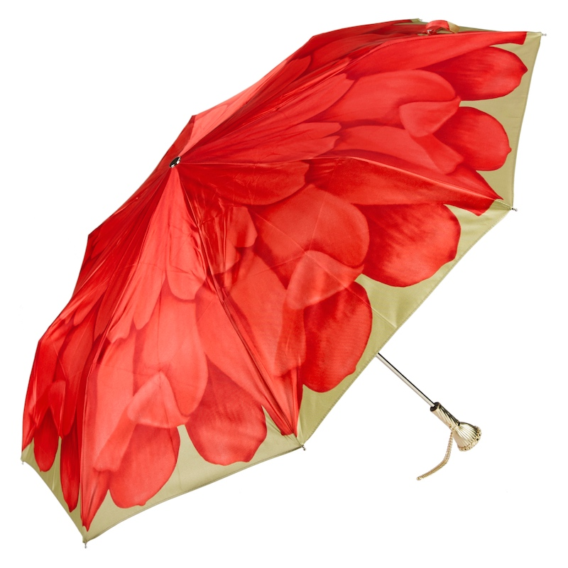 Luxury Folding Umbrella – Red Dahlia Designer Rain Umbrella With Brass Handle
