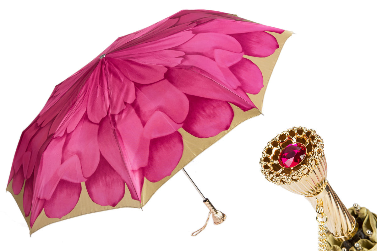Pink Dahlia Umbrella – Italian Handmade Folding Rain Umbrella with Brass Handle