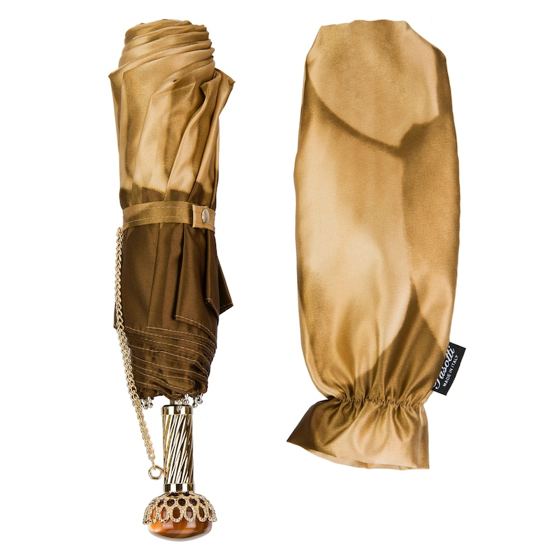 Beige Folding Umbrella – Handmade Italian Folding Rain Umbrella with Jeweled Brass Handle