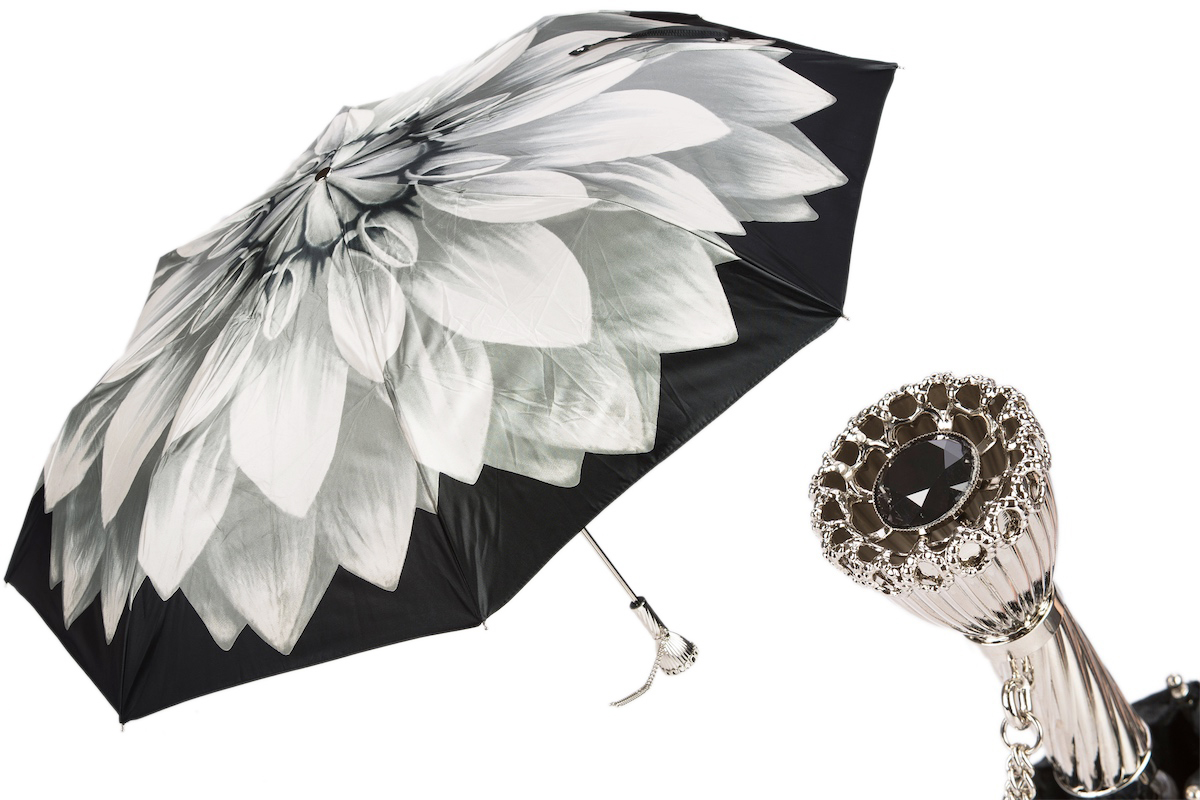 Silver Folding Umbrella – Designer Handmade Italian Floral Canopy With Brass Handle