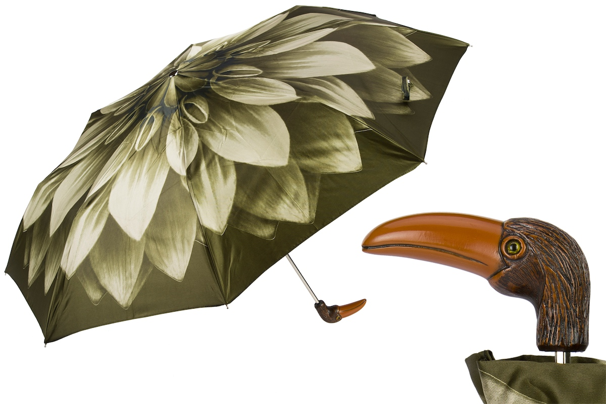 Folding Umbrella – Handmade Italian Green Toucan Floral Compact Rain Umbrella