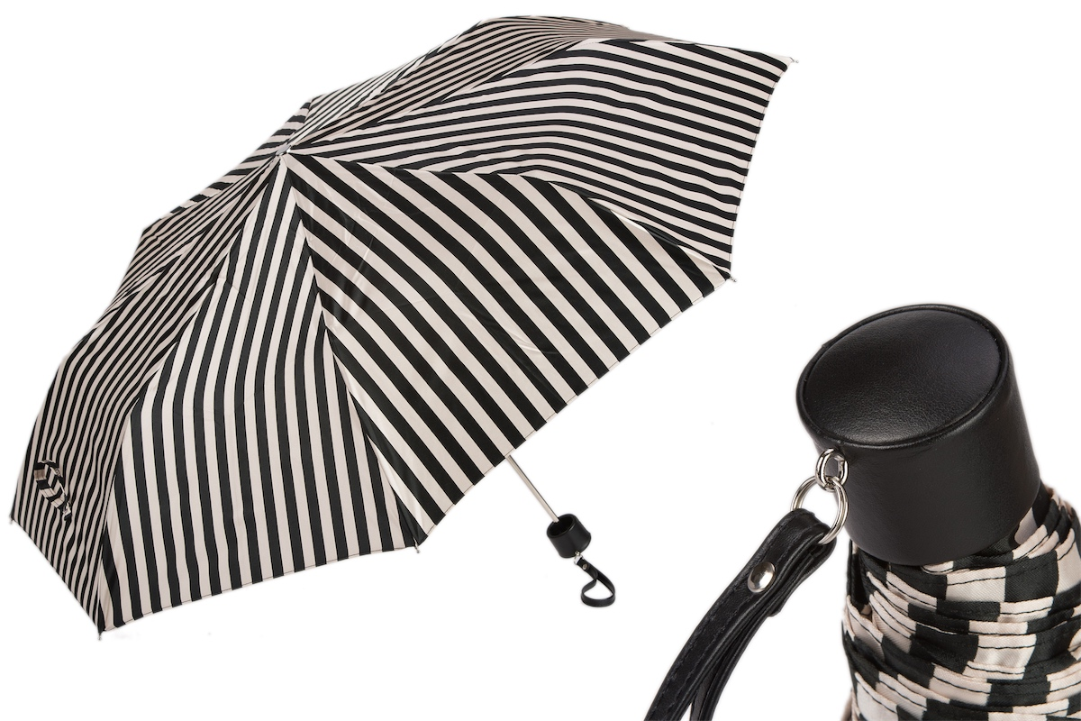 Folding Umbrella – Handmade Italian Leather Handle, Striped Compact Rain Shield