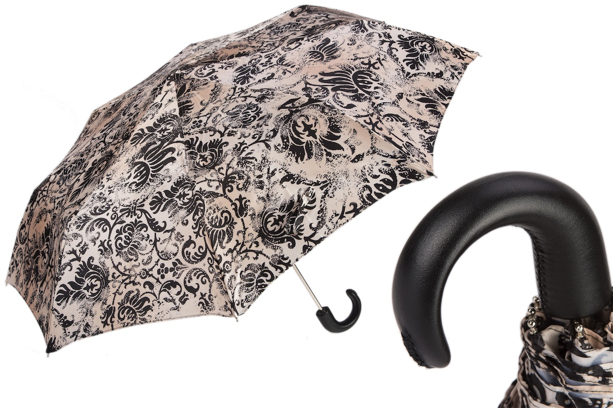 Black Folding Umbrella – Handmade Italian Two-Tone Canopy With Leather Handle