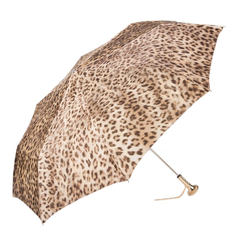 Luxury Folding Umbrella – Chic Leopard Print, Jeweled Brass Handle, Italian Handmade