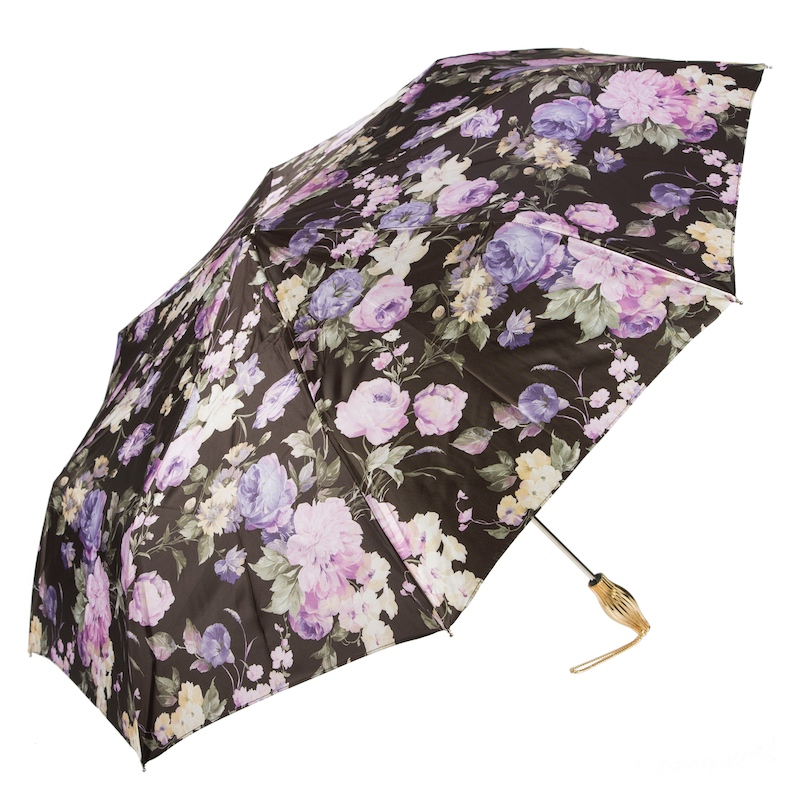 Dark Flowered Folding Umbrella – Luxury Italian Handmade Rain Gear With Brass Handle