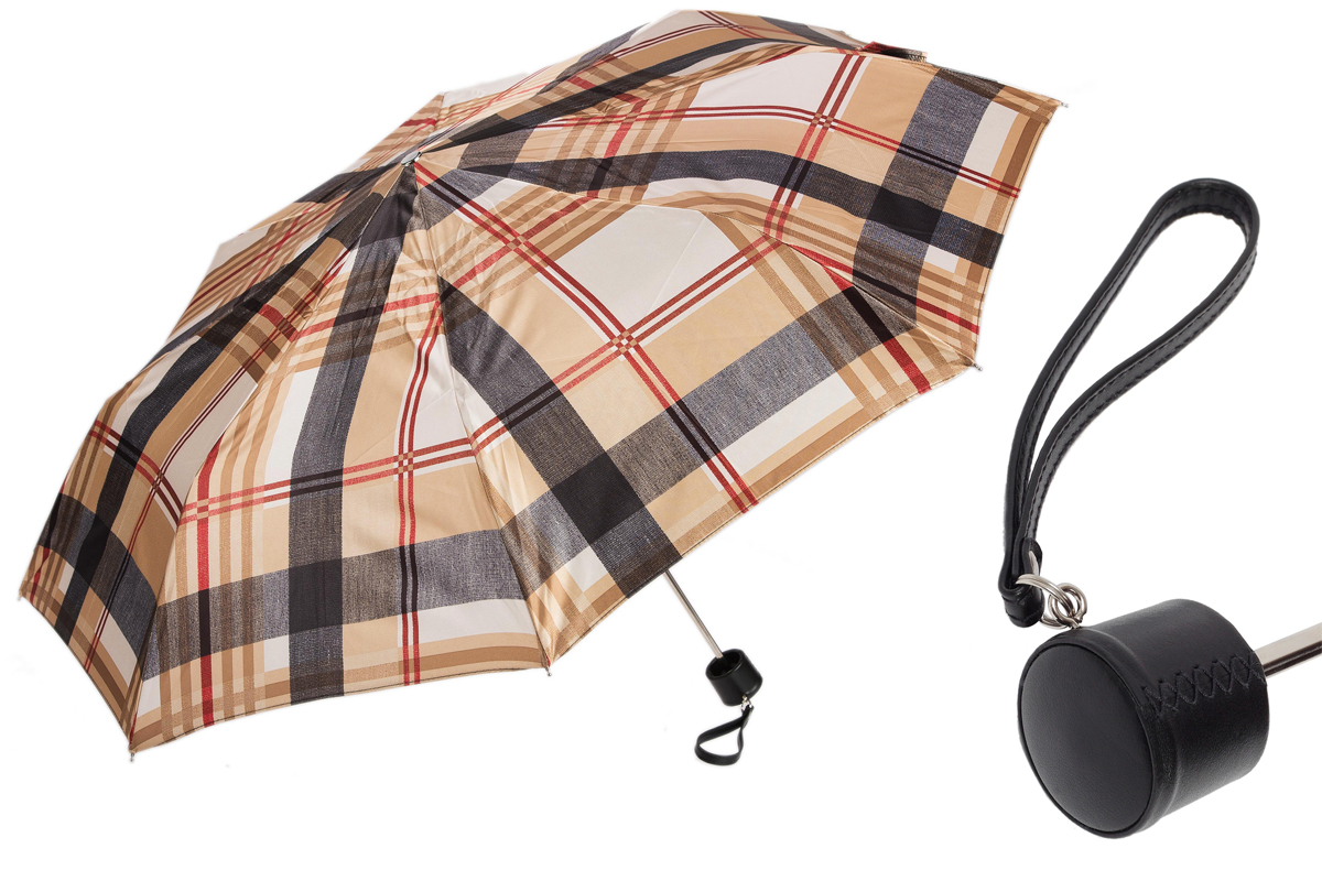 Women's Folding Umbrella – Classic Striped Design | Italian Handmade, Leather Handle