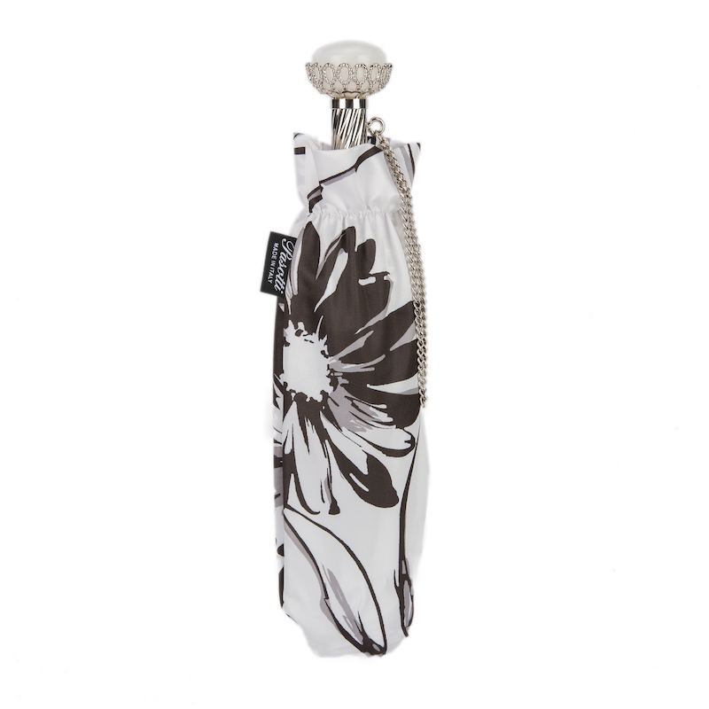 Folding Umbrella – Black and White Flowered Compact Rain Umbrella with Jeweled Brass Handle