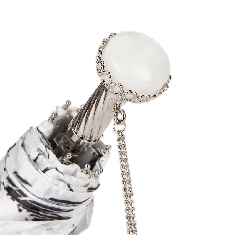 Folding Umbrella – Black and White Flowered Compact Rain Umbrella with Jeweled Brass Handle