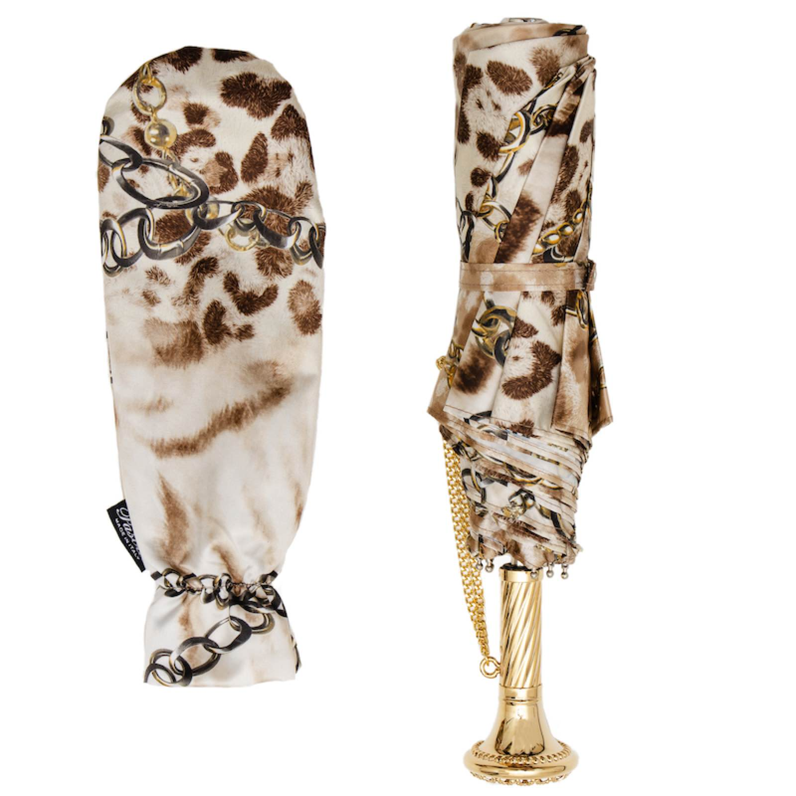 Folding Umbrella – Leopard Print, Brass Handle, Handmade Italian Rain Accessory