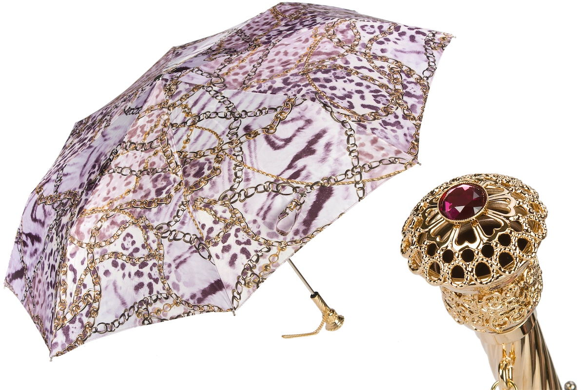Folding Umbrella – Handmade Italian Animal Print & Chains Design with Jeweled Handle