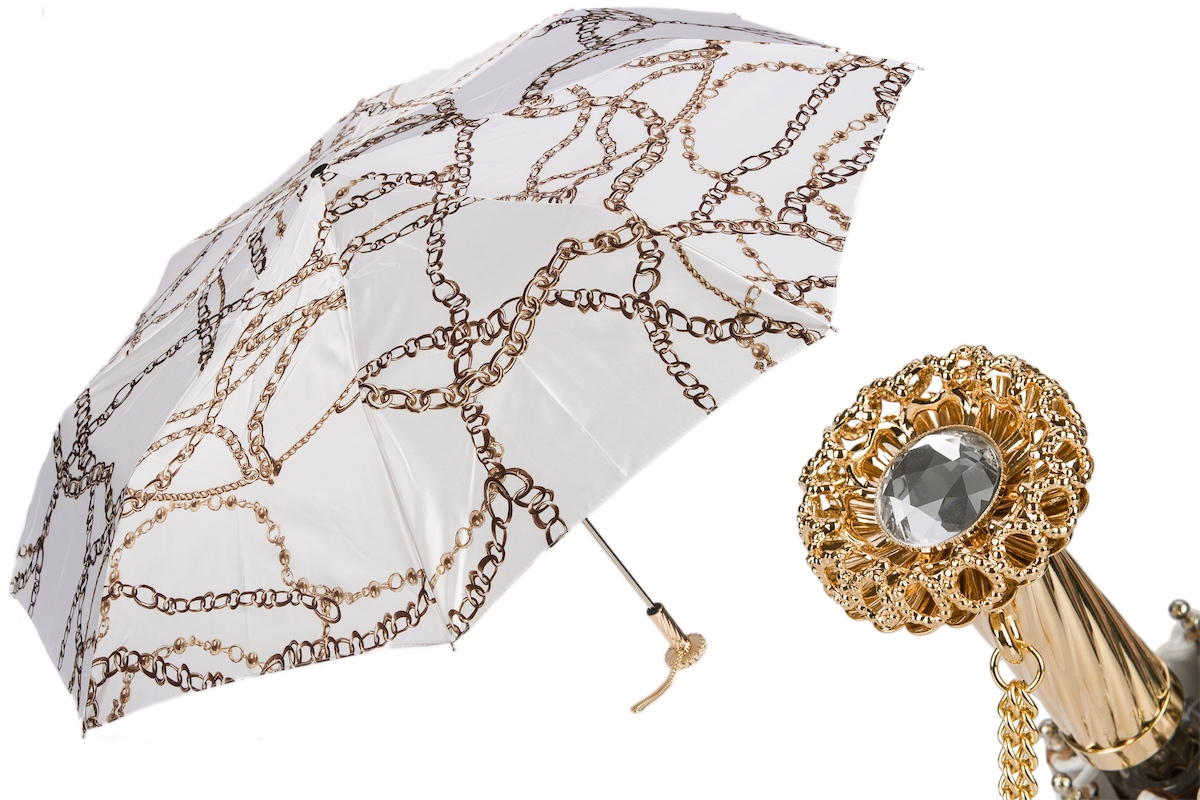 Folding Umbrella – Luxury Chains Print White Compact Rain Umbrella With Brass Handle