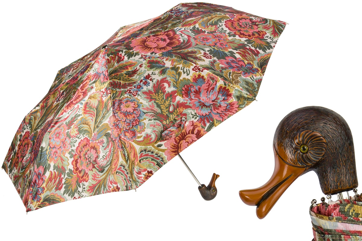 Folding Umbrella – Flowered Design with Duck Handle | Handmade Italian Compact Umbrella
