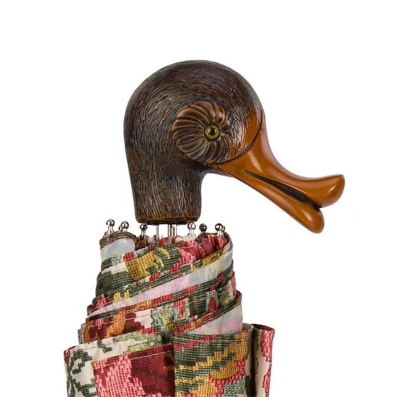 Folding Umbrella – Flowered Design with Duck Handle | Handmade Italian Compact Umbrella