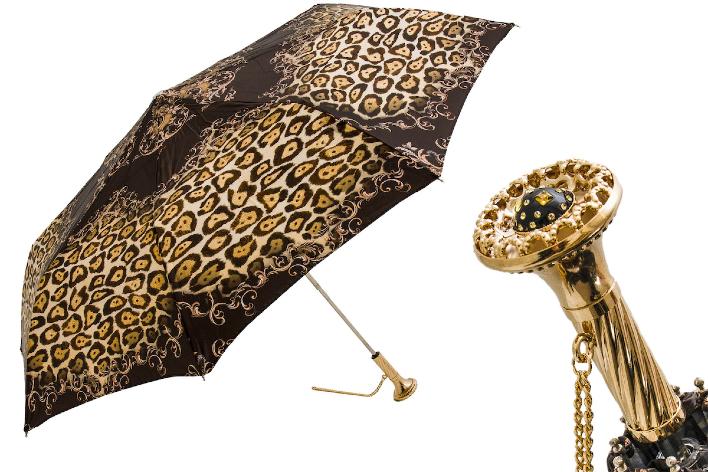 Cheetah Print Folding Umbrella - Brass Handle Manual Opening, Compact Travel Rain Gear