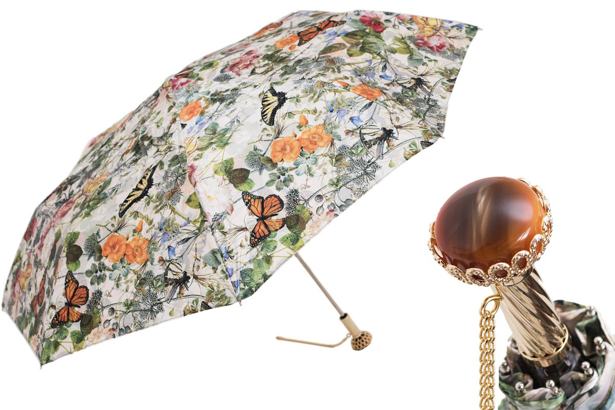 Folding Umbrella – Handmade Italian Butterfly Print with Jeweled Brass Handle