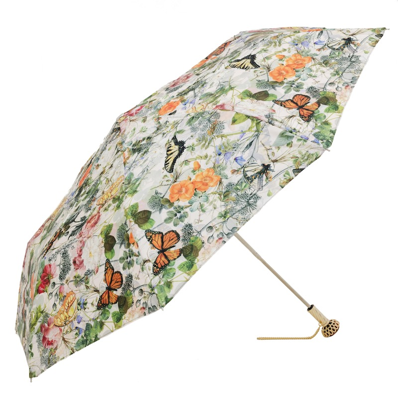 Folding Umbrella – Handmade Italian Butterfly Print with Jeweled Brass Handle