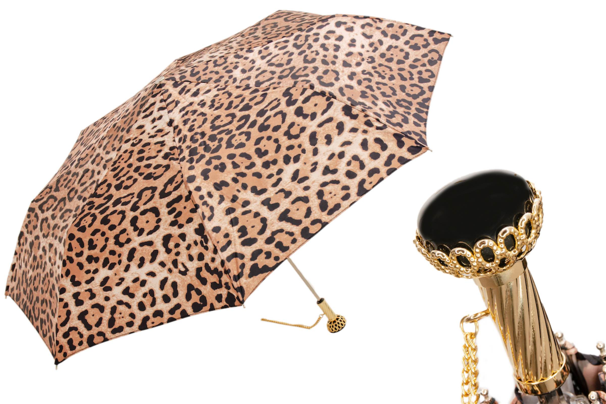 Folding Umbrella – Jeweled Brass Handle, Animal Print Compact Rain Protection