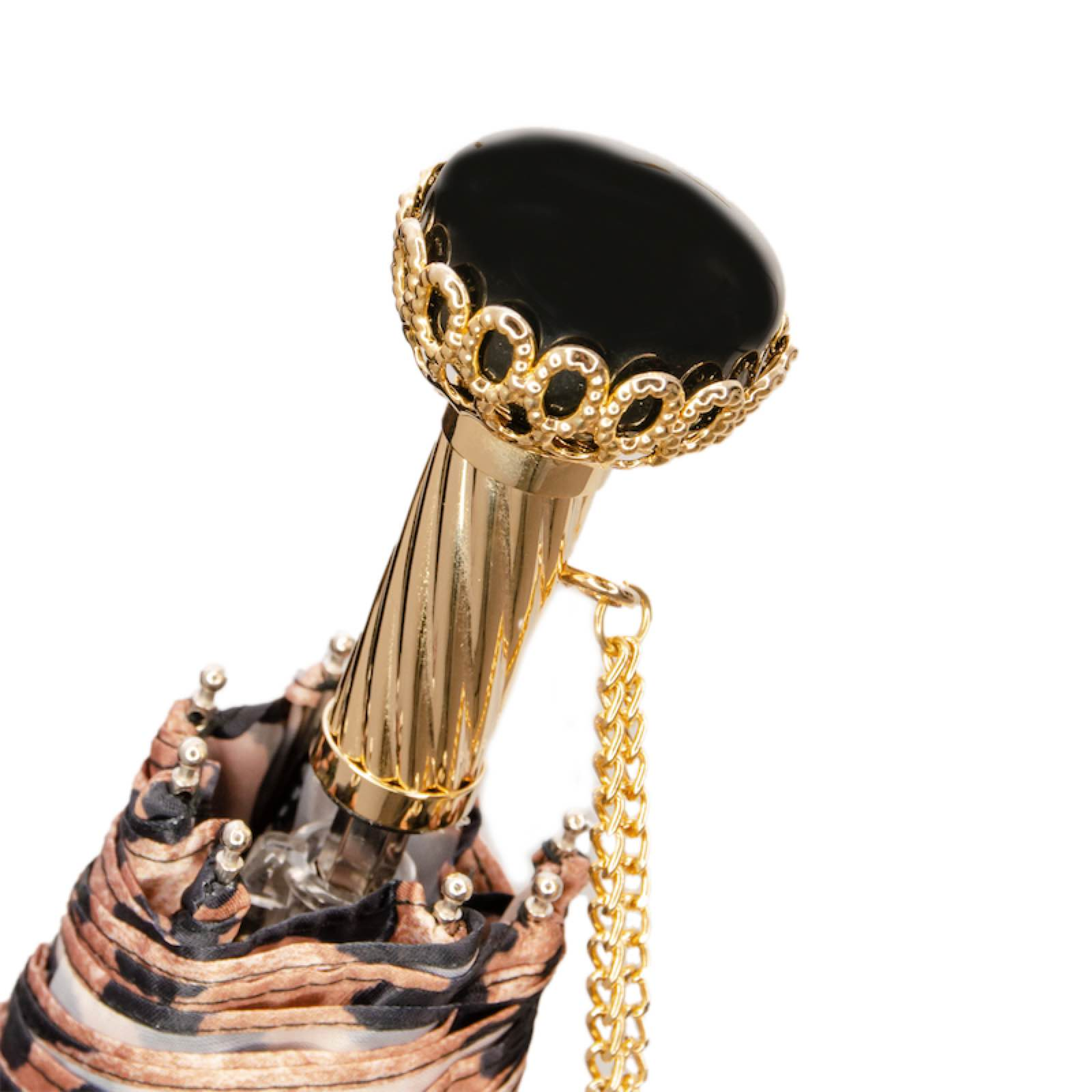 Folding Umbrella – Jeweled Brass Handle, Animal Print Compact Rain Protection