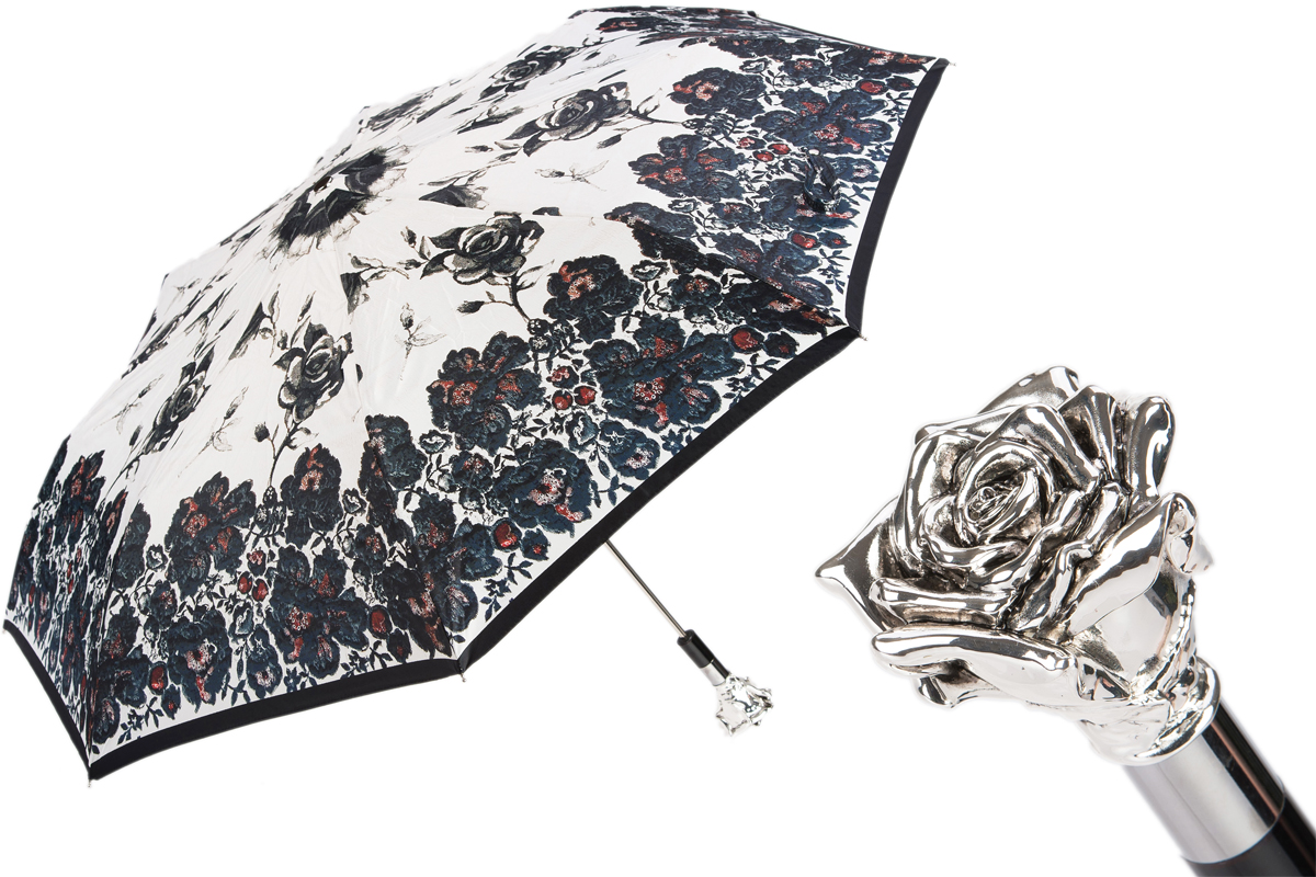 Silver Rose Umbrella – Handmade Italian Folding Rain Umbrella With Silver Plated Handle