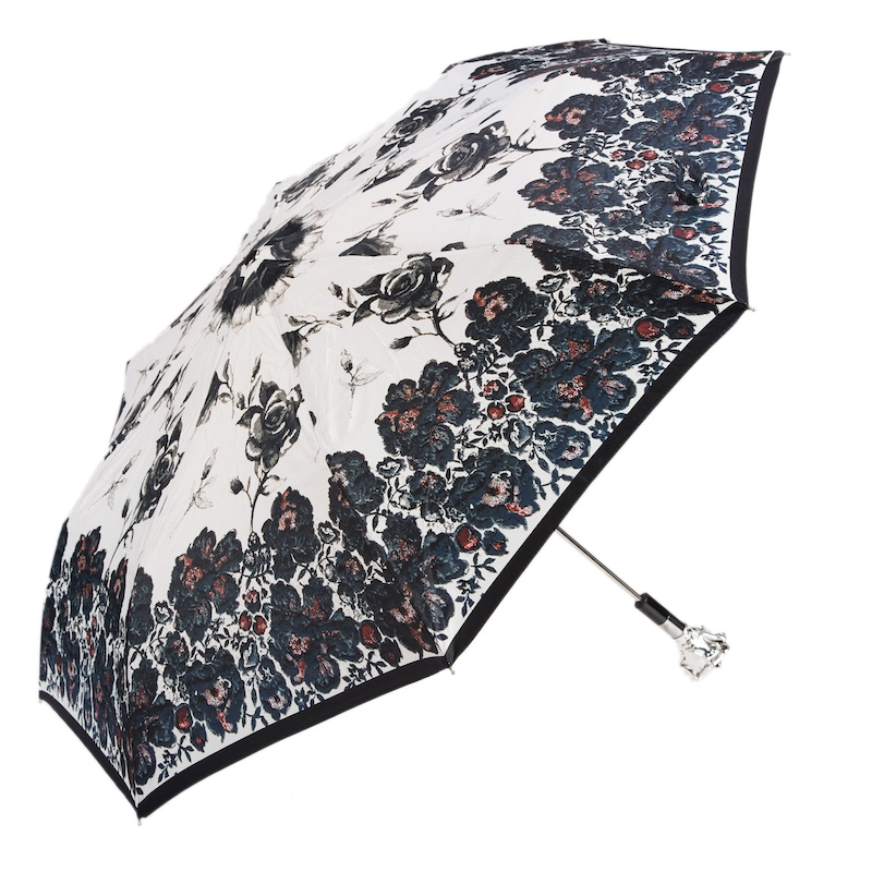 Silver Rose Umbrella – Handmade Italian Folding Rain Umbrella With Silver Plated Handle
