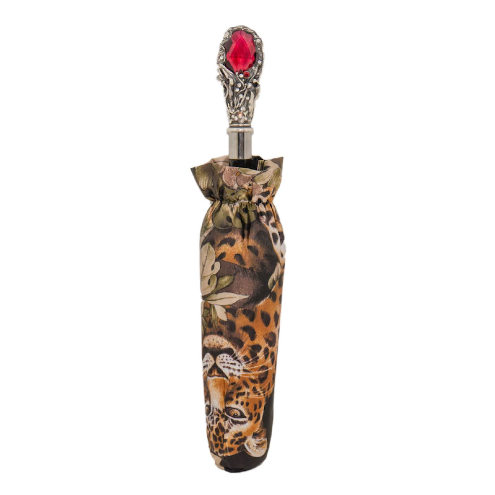 Leopard Folding Umbrella – Handmade Italian Luxury with Crystal Handle & Red Gem