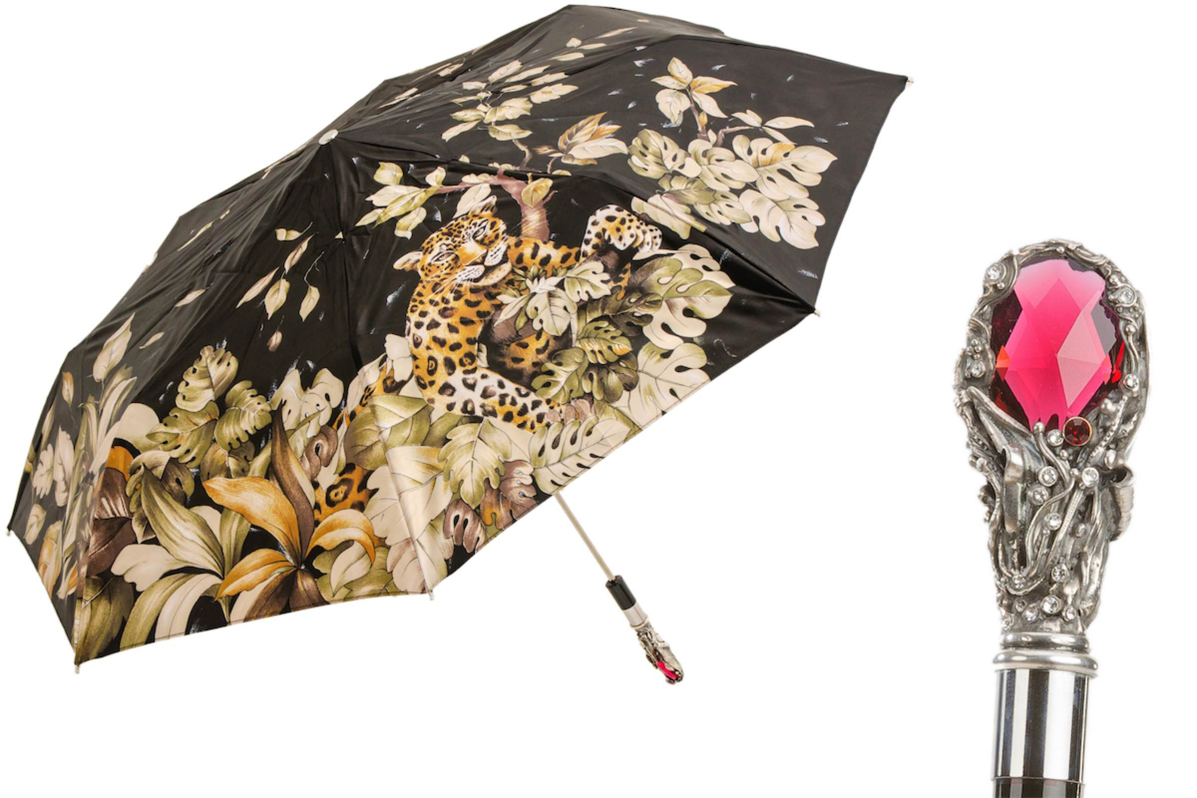 Leopard Folding Umbrella – Handmade Italian Luxury with Crystal Handle & Red Gem