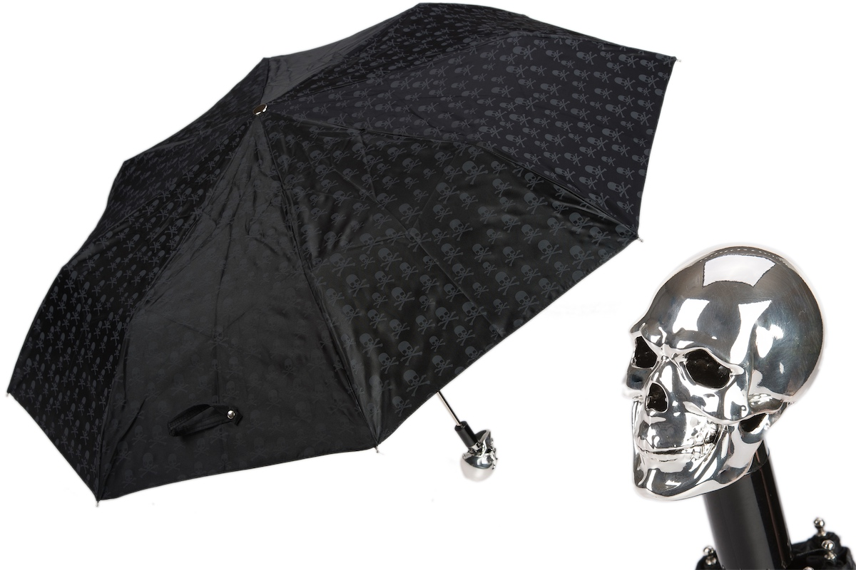 Silver Skull Umbrella – Handmade Italian Folding Rain Umbrella with Durable Polyester Canopy