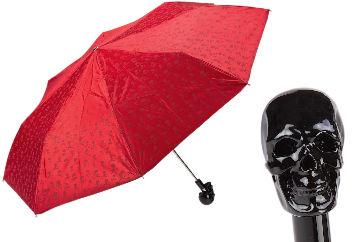 Red Folding Umbrella – Handmade Italian Skull Handle, Durable Polyester Canopy