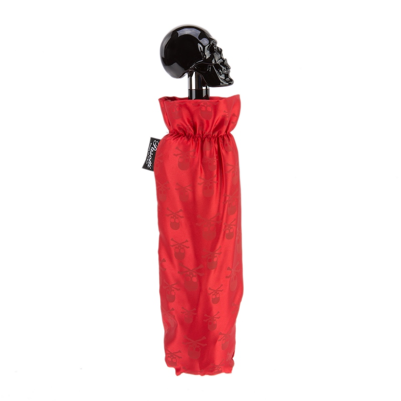 Red Folding Umbrella – Handmade Italian Skull Handle, Durable Polyester Canopy