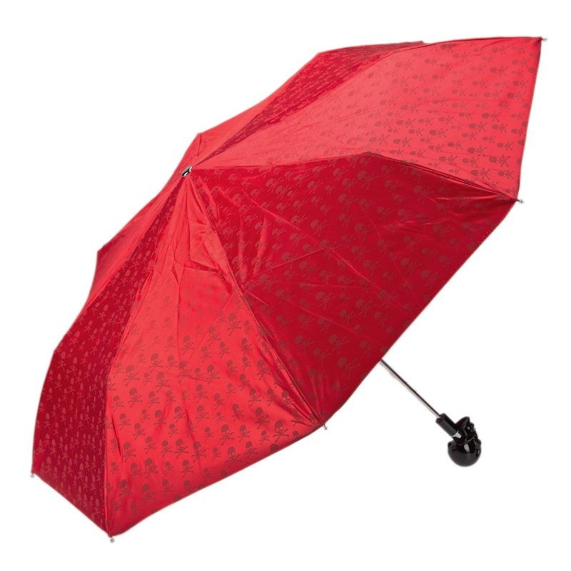 Red Folding Umbrella – Handmade Italian Skull Handle, Durable Polyester Canopy