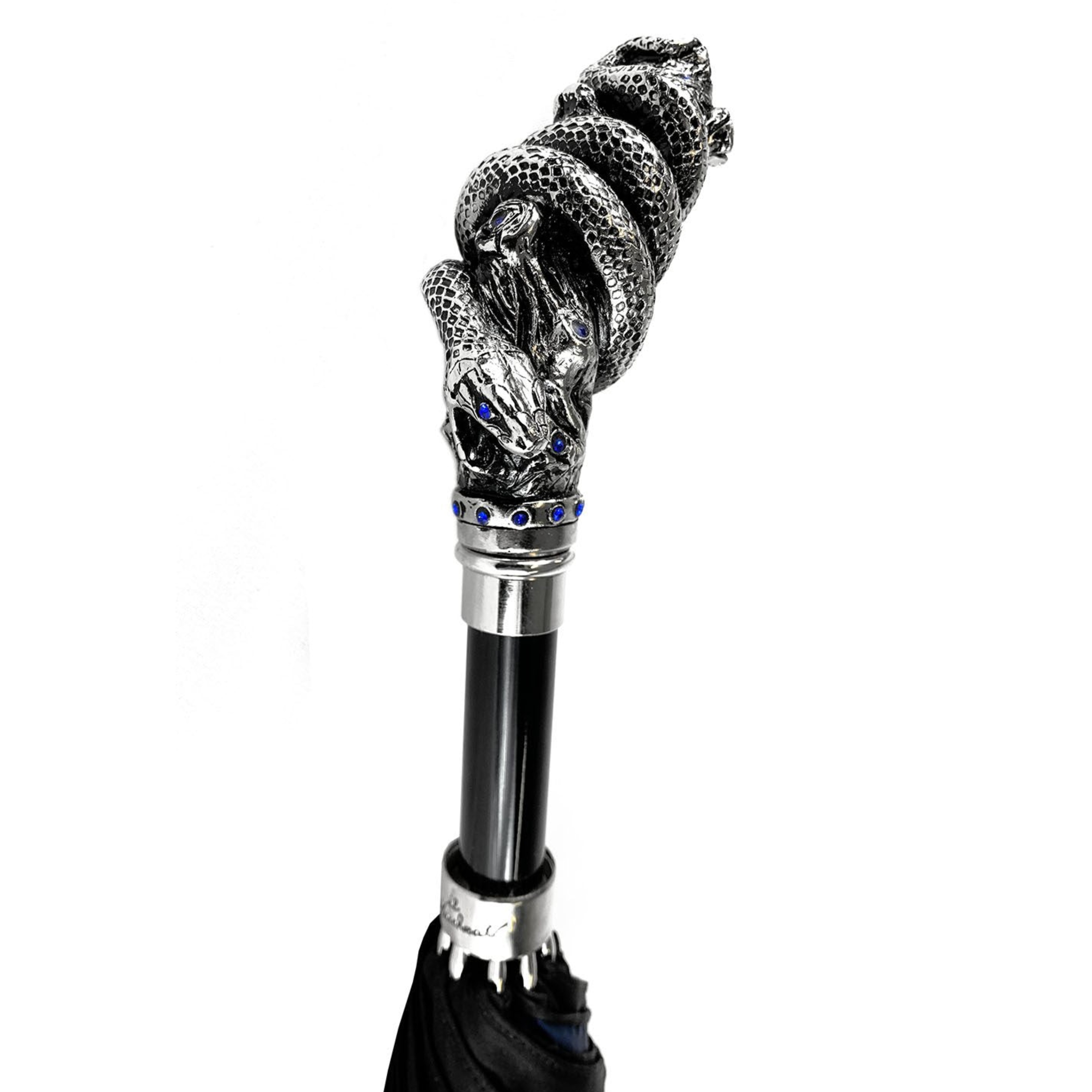 Double Canopy Umbrella – Luxury Men's Rain Umbrella with Silver Snake Handle & Sapphire Crystals