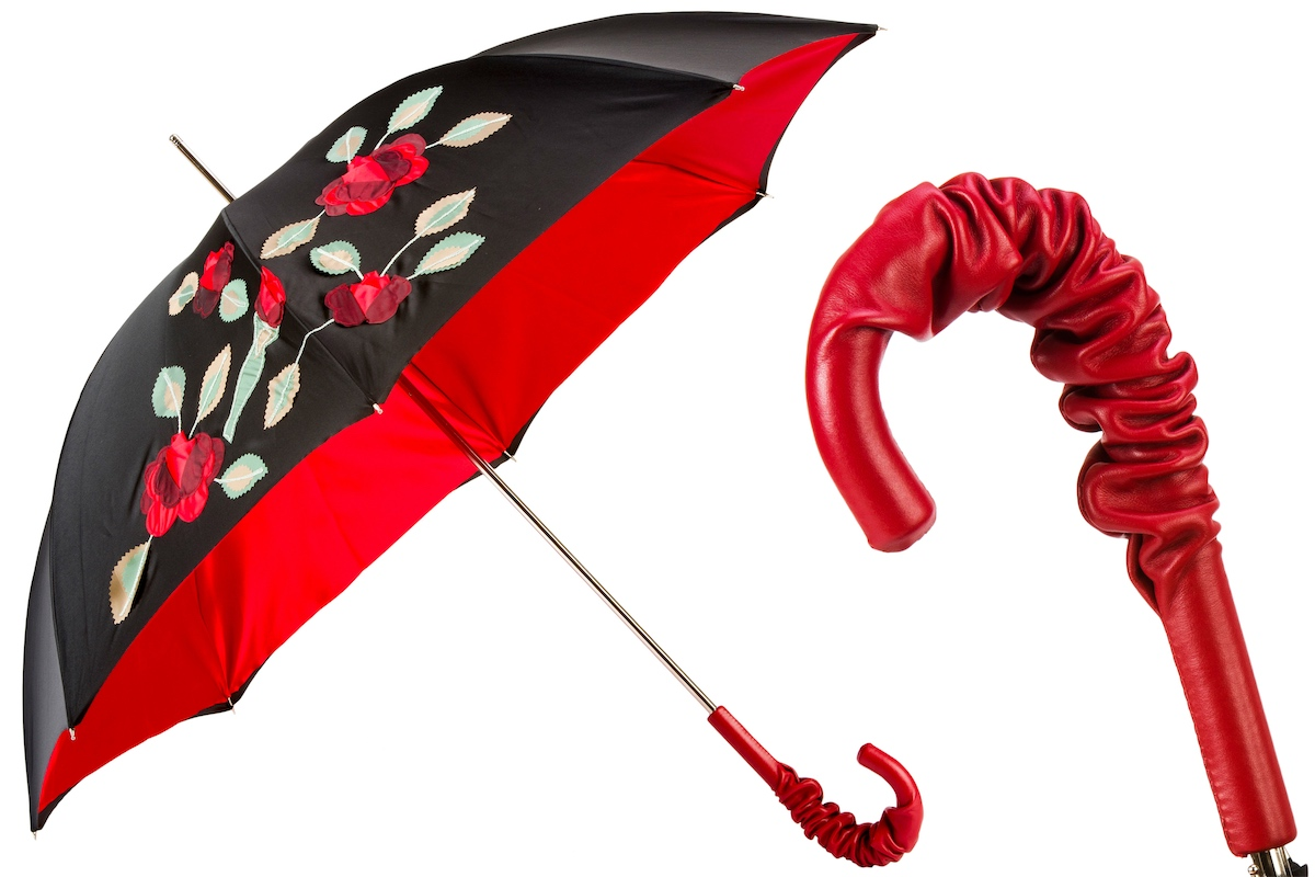 Leather Handle Umbrella – Double Cloth Red Rose Umbrella with Luxury Leather Grip