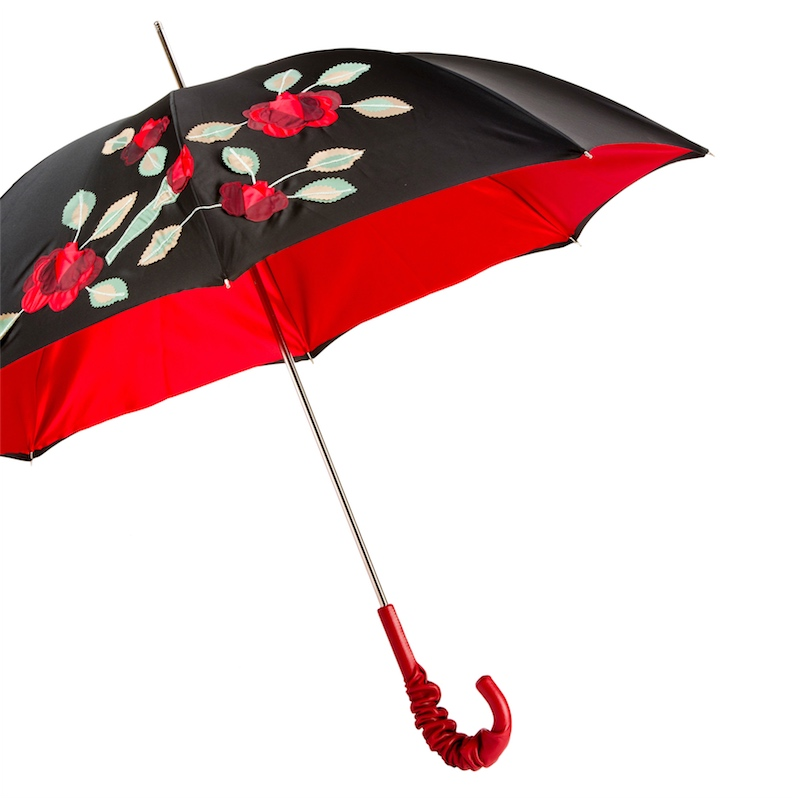 Leather Handle Umbrella – Double Cloth Red Rose Umbrella with Luxury Leather Grip