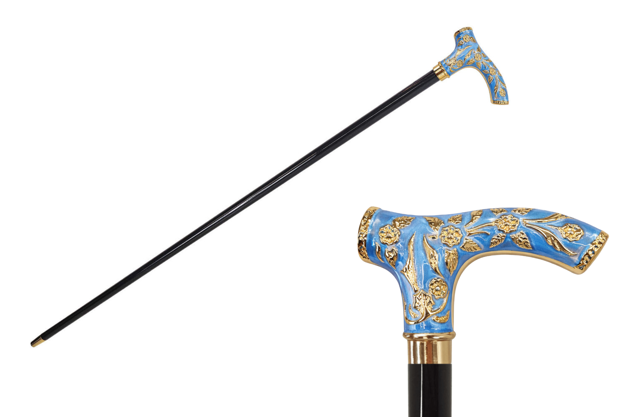 Tiffany Blue luxury walking cane by Ilmarchesato with 24K gold handle and black beech wood shaft.
