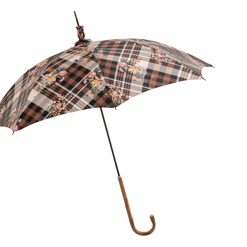 Tartan Floral Parasol – Designer Umbrella With Wood Handle & Floral Pattern